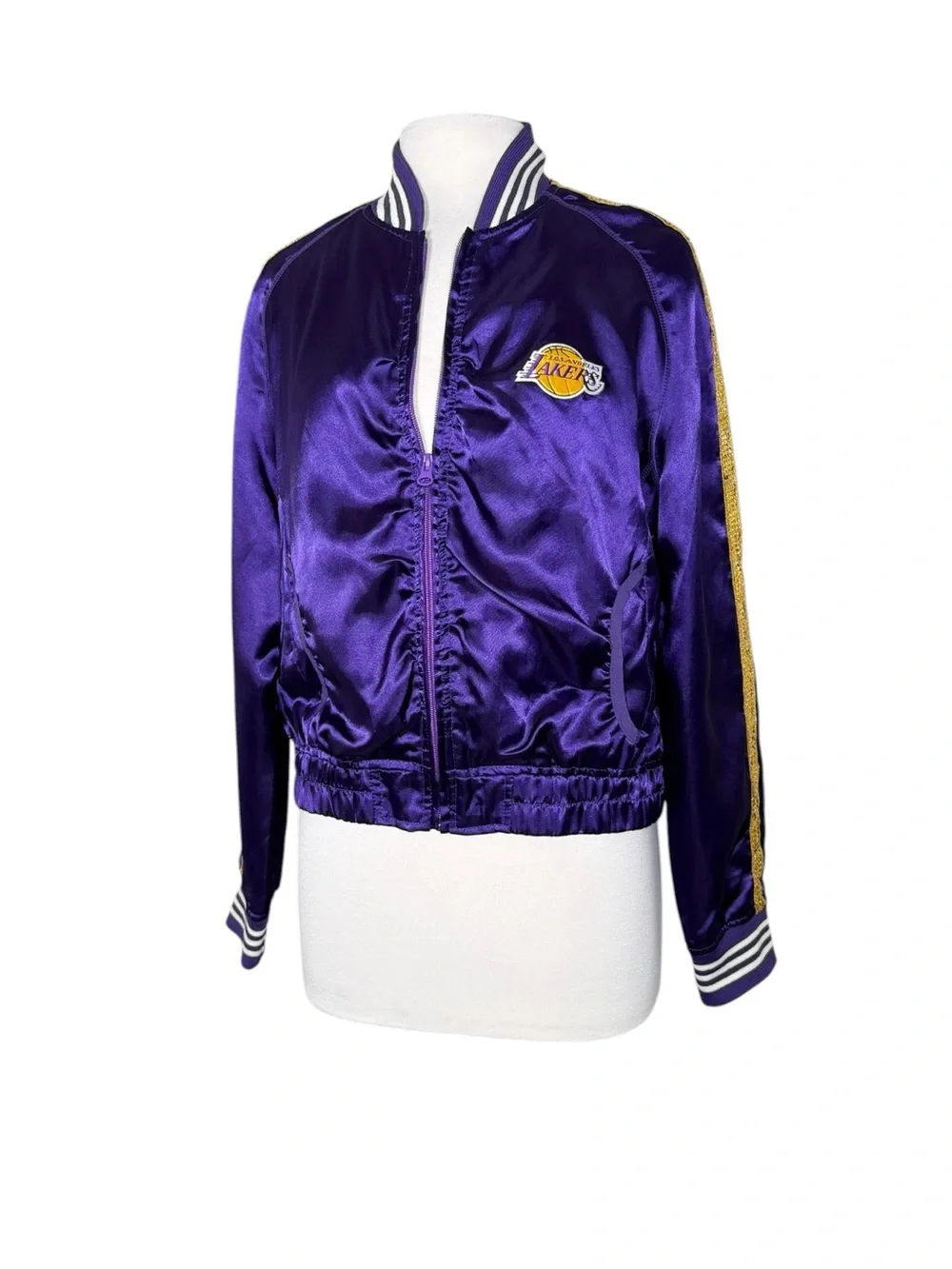 Los Angeles Lakers Y2K Satin Bomber Jacket NBA 4 Her Purple Gold XL EUC